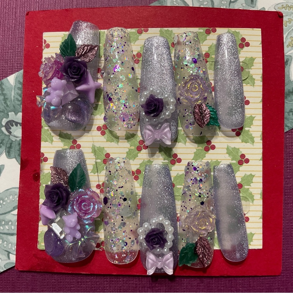 Glittery Silver & “Purple Mystery Collection” Press-On Nails Size Large #072